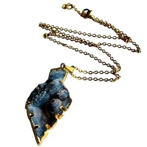 Brutalist BOHO Necklace Natural smoky agate Druzy Genuine 24kGP Gold Plated 20"